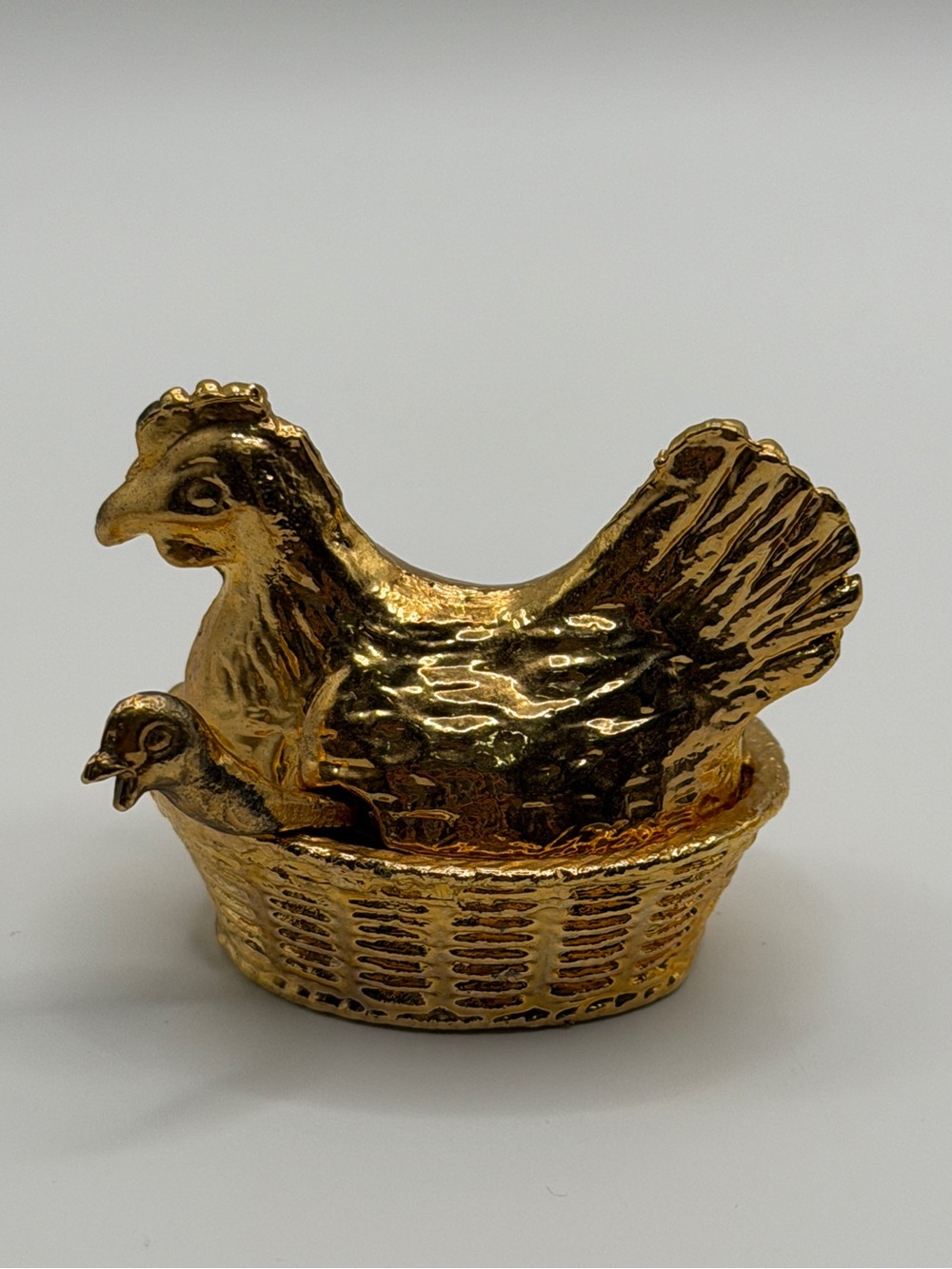 Vintage Miniature Gold Tone Hen on Nest Salt Cellar 3 Piece w/ Chick Spoon 1.75"